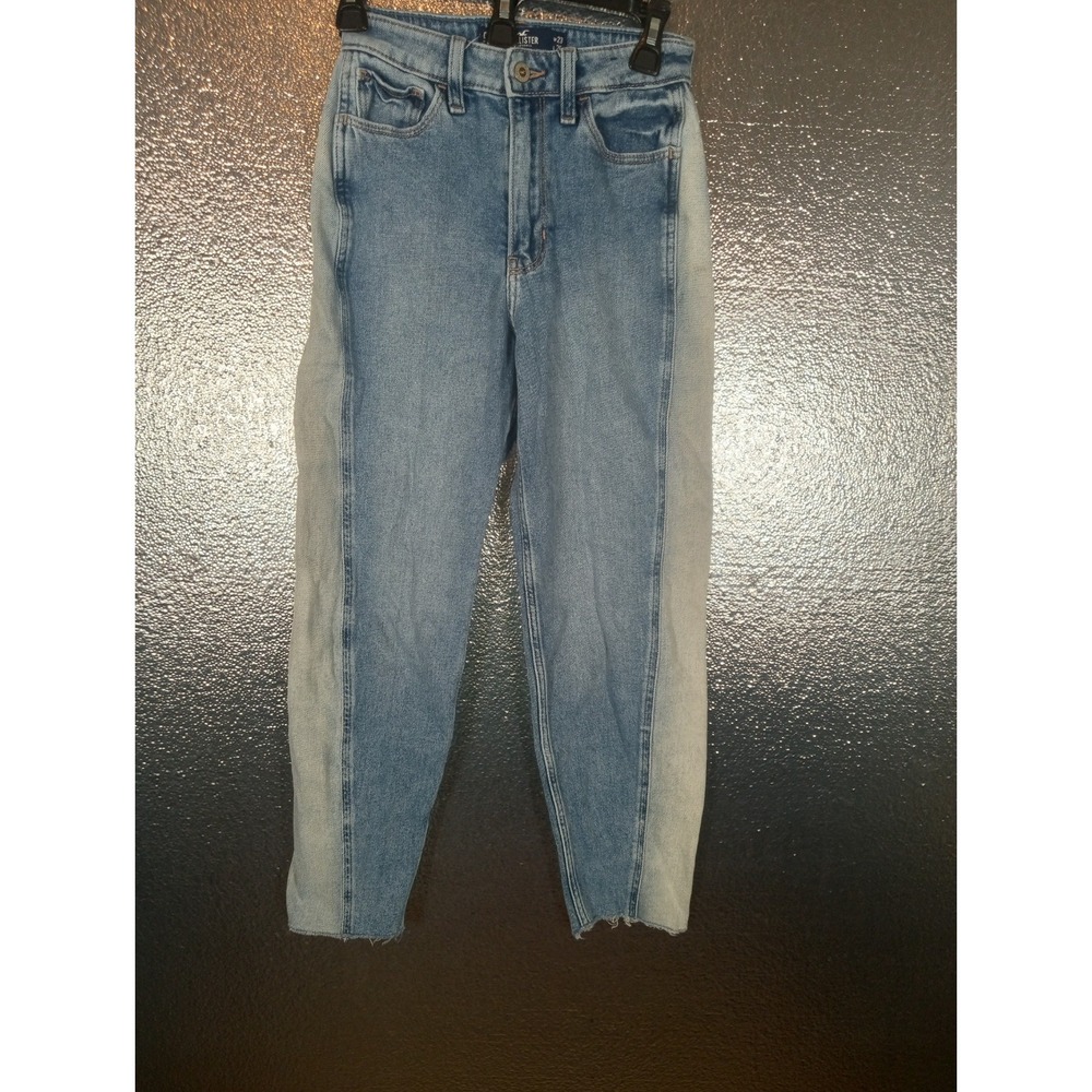 Hollister High-Rise Mom Jeans 23x26 Multicolor Blue Wash Distressed Raw Hem